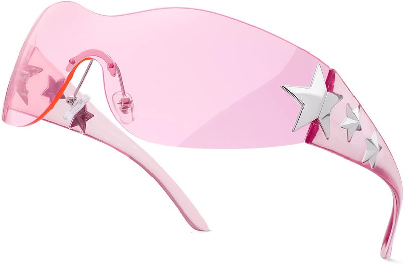 Haqptul Rimless Y2K Sunglasses Star Wrap Around Glasses 2000S Accessories for Women Men Trendy Fashion Cool Shield Shades - Image 4